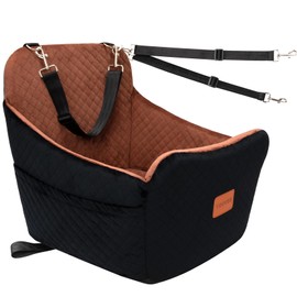 YOUVEE Dog Car Seat for Small Size Dog 20lbs 25lbs up to 32 lbs,Fully Detachable and Washable Puppy Booster seat with Storage Pockets,2 Adjustable Safety Belts(Black Outside Brown Inside)