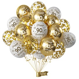 White Gold 90th Birthday Decoration, Pack of 15 Balloons Birthday Decoration 90 Woman Man, Happy Birthday Balloons White Gold Decoration Set, Happy Birthday Balloons for Party Decoration, Birthday