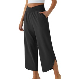 Wide Leg Pants for Women Crossover High Waisted Casual Yoga Pant Side Pockets Lounge Joggers Split Quick Dry Beach Travel Vacation Bottoms Black M