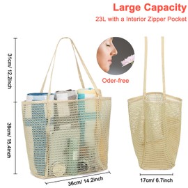 Fammart Mesh Beach Tote Bag Casual Womens Shoulder Handbag, 24L Large Grocery Bag with Splash-Proof Zipper Pocket