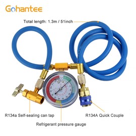 R134a Recharge Hose Kit with Gauge, 51'' AC Refrigerant Recharging Hose Measuring Kit, Self-sealing R-134a Can Tap Refrigerant Dispenser to R-12/R-22 port, Include R134a Low Side Quick Couple