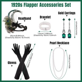 PLULON 7 Pieces 1920s Flapper Great Gatsby Accessories Set Fashion Roaring 20's Theme Set with Headband Headpiece Long Black Gloves Necklace Earrings for Women(Style 6)