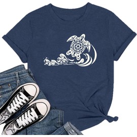 QFM Sea Turtle T Shirts Sea Wave Graphic Tees for Women Vintage Hawaiian Beach Shirts Summer Casual Short Sleeve Tops-Navy Blue XXL