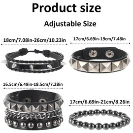 JIYIN 4 Pcs Leather Rock Studded Bracelets, Punk PU Leather Spike Bracelet for Men Women, Leather Cuff Bracelet 80s Wristband Set Adjustable Emo Punk Accessories Grunge Bracelet for Men Women