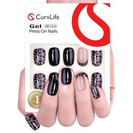 Curvlife 30pcs Press on Nails, Soft Gel Short Square Fake Nail with Leopard Print Apricot Design, Full Cover False Nails Tips Glossy Nude Glue on Nails Artificial Stick on Nails for Women