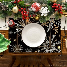 Artoid Mode Black Gold Snowflakes Christmas Placemats Set of 6 30 x 45 cm Winter Xmas Place Mats Washable Place Mats Kitchen Party Decoration