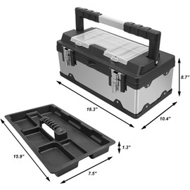 Torin A5519BB-1 19-Inch Tool Box Storage Organizer: Stainless Steel & Plastic Portable Toolbox with Long Handle and Removable Tray for Home Garage Workshop