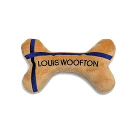 VANITY FUR PET SHOP 2-in-1 Plush Squeaky Dog Toy with Rubber Bone | Interactive & Enrichment Chew Toy for Dogs | Louis Woofton Orange Designer Parody | Durable, Stuffed & Squeaker Toy (Small)