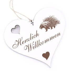 Herzlich Willkommen Sign – Porcupine – Decorative Heart Wooden Welcome Sign Door Sign Door Decoration