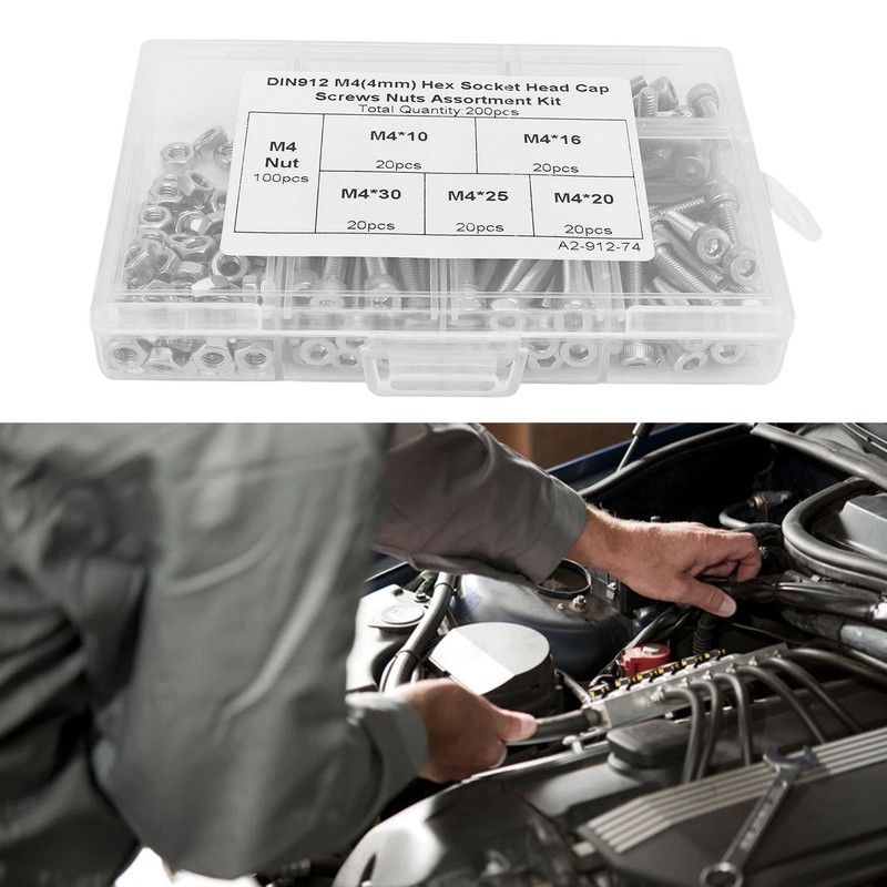 200Pcs Hex Socket Head Cap Screws Nuts Assortment Kit M4