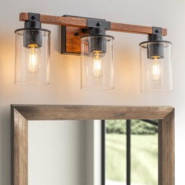 BrkNit 3-Light Farmhouse Bathroom Lighting Fixtures Over Mirror, Matte Black Bathroom Light Fixture, Painted Wood Industrial Vintage Wall Sconces Light with Bubble Glass Shade