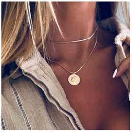 Yheakne Boho Layered Coin Necklace Choker Gold Locket Pendant Necklace Round Disc Necklace Vintage Snake Chain Necklace Jewellery for Women and Girls