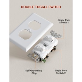 AIDA Single Pole Double Toggle Rocker Decorator Light Switch, 15 Amp Self-grounding Electrical Light Switches, Residential Grade, UL Listed (1 Pack, Glossy White)
