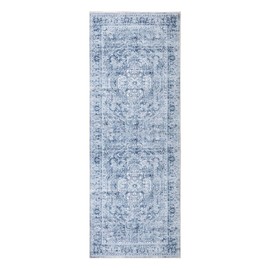 Bloom Rugs Washable Non-Slip 7 ft Runner - Ivory/Denim Blue Traditional Medallion Runner for Entryway, Hallway, Bathroom, and Kitchen - Exact Size: 2.5' x 7'