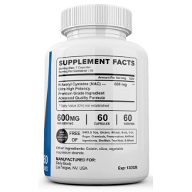 Daily Body 120 Vegan Capsules  Non-GMO N-Acetyl L-Cysteine (NAC) 600mg