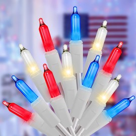 4th of July Decorations Lights 26.5Ft 100 Count Mini Lights White Wire Lights Waterproof Incandescent Bulb for Indoor Outdoor Holiday Decorations Red White & Blue