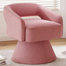 LINSY Swivel Barrel Chair, 360 Modern Swivel Accent Chair Boucle Swivel Chair Round, Pink Velvet Chairs with Arms, Small Barrel Chair for Small Spaces Bedroom Living Room