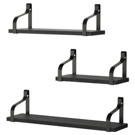 Love-KANKEI Floating Shelves Wall Mounted Rustic Wood Wall Shelves Set of 3 for Bedroom Living Room Bathroom Kitchen Black