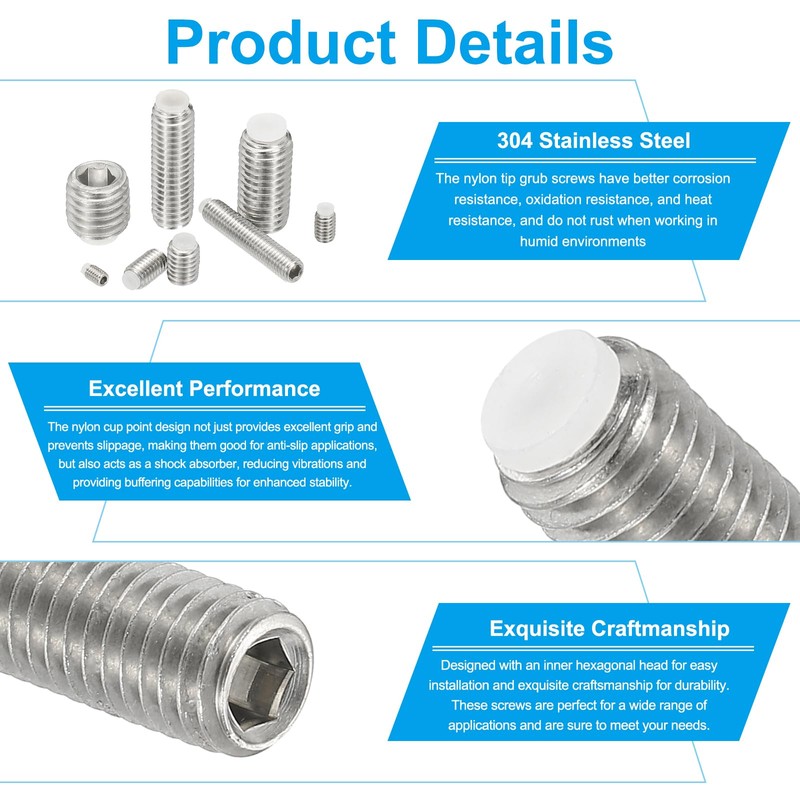 PATIKIL M8x8mm Nylon Tip Grub Screw, 10pcs 304 Stainless Steel