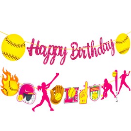 Softball Happy Birthday Banners - Themed Party Decoration Cutout for Girls Baby Shower - Sport Party Supplies