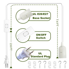 Jimosoon Light Bulb Socket with Cord - 10Ft Plug in E26/E27 Light Socket Hanging Lamp Extension Cable with On/Off Switch, UL Pendant Lantern Cord, White, 2 Pack