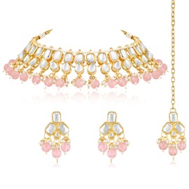 Aheli Pink Kundan & Beads Studded Choker Necklace Earrings & Maangtikka Set Ethnic Jewellery Gift for Women