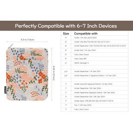 Dadanism Embroidered Daisy Padded Sleeve for All-New Kindle Paperwhite, 7" Kindle Colorsoft Signature Edition, Protective Sleeve Case for 6" Kindle/Kindle Oasis/Kobo E-Reader, Beige Floral