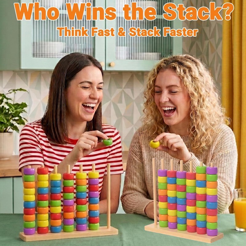 Color Match Challenge Game, Wooden Fast-Paced Pattern Matching Ring Stack