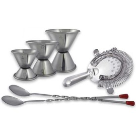 TrueCraftware- 6-Piece Stainless Steel Bar Accessory Set (3) Jigger (2) Bar Spoon and (1) Bar Strainer- Bartender Kit Bar Tools Accessories for Home Drink Mixing Mixology Kit Accessories