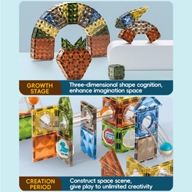 Dilhvy Magnetic Building Blocks 105 Pieces with Magnetic Marble Run Colourful, Magna Tiles - Montessori Construction Toy