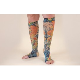 Lymphedivas Koi Beige Medical Graduated Compression Socks for Women for Swelling in the Legs and Feet 15-20mmHg (Short Open-Toe Large)