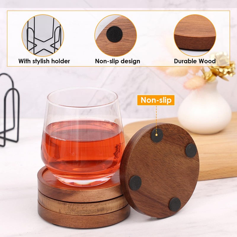 4 Pcs Wood Coasters for Drinks Absorbent, Wooden Coasters with