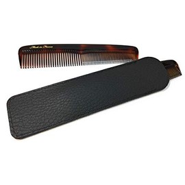 Taschenkamm Acetat havanna-bernstein 13,5 cm made in France (31) mit Echt-Leder-Etui schwarz