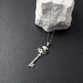 Gothic Skeleton Key Necklace - Silver Vintage Skull Pendant Key Chain Charm Skeleton Key Jewelry Gifts for Women Men