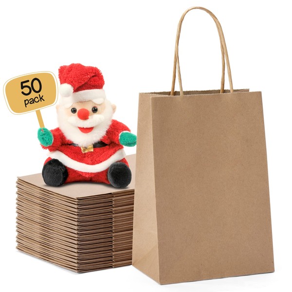 Paper Gift Bags 5.25x3.75x8" 50Pcs, Metronic Christmas Gift Wrap Bags with Handles, Brown Kraft Paper Bags for Small Business, Heavy Duty Bulk Paper Bags for Birthday Party Favors, Shopping, Retail, Merchandise