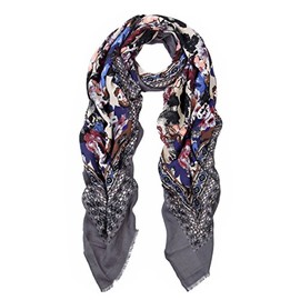 Elegant Large Vintage Floral Design Frayed End Scarf Wrap, Grey