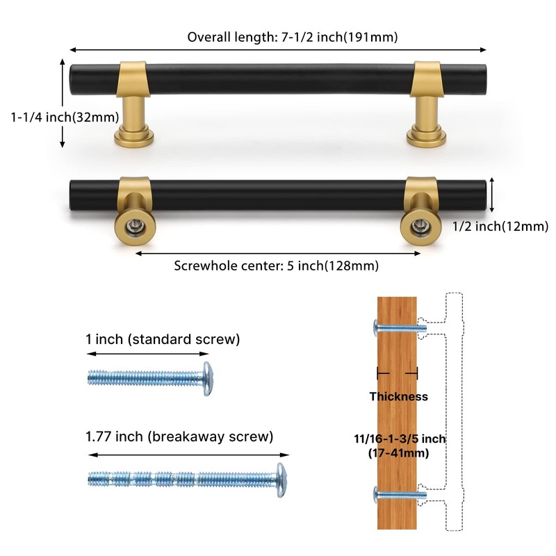 Haliwu 10 Pack Black Cabinet Pulls, Black&Gold Cabinet Handles, Barrel