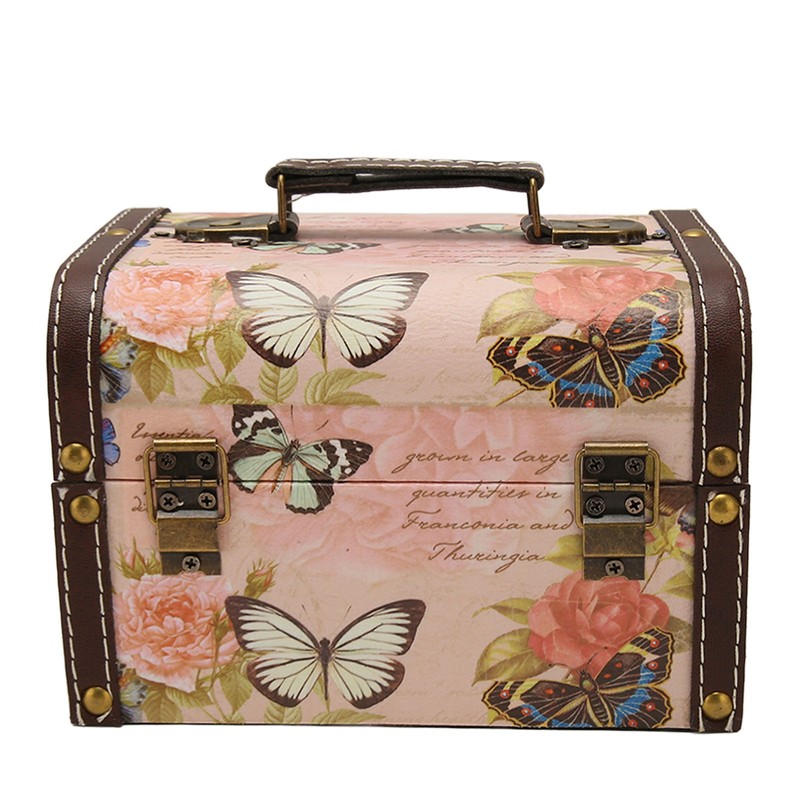 Treasure Chest Box Pink Butterfly Pattern Exquisite Retro Wooden PU