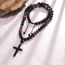 Healing Crystal Beads Necklace for Men - GENASTO Triple Protection Necklace Black Obsidian Tiger Eye and Hematite Beads Necklace Cross Necklace Men Necklace Christmas Gifts for Prayer and Meditation