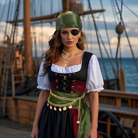 Pirate Accessories for Women Captain Pirate Costume Women with Head Scarf Sash Chain Belt Necklace Eye Patch Party Outfit