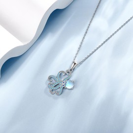 VENACOLY Octopus Necklace Sterling Silver Moonstone Tentacle Pendant Ocean Animal Valentines Day Jewellery for Women