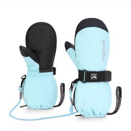 HIGHCAMP Kids Ski Mittens Waterproof Winter Snow Gloves with Zipper and String on Long Cuff for Toddler Boys Girls -Aqua,S (3-5 Y)