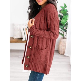 PRETTYGARDEN Women's Open Front Cardigan Sweaters Fall Fashion Button Down Cable Knit Chunky Winter Clothing Outerwear Coats (Red,Medium)