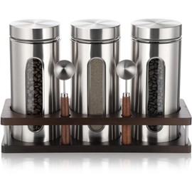Suclain Stainless Steel Coffee Grounds Canisters with Shelf 3 x 50oz Sugar Coffee Bean Storage Container with Airtight Threaded Lid, Glass Window, Scoop Kitchen Storage Jar Set for Bar Creamer Nut Tea