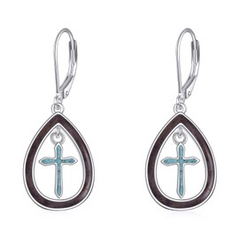 CRMAD Wooden Cross Earrings for Women Sterling Silver Turquoise Earrings Wooden Jewelry Gift for Women