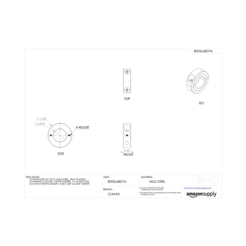 Climax Metal Products 2C-087-Z Two-Piece Clamping Shaft Collar, Mild Steel,