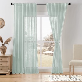 DWCN Linen Sheer Curtains, Rod Pocket & Back Tab Linen Texture Semi Sheer Window Covering, Light Airy Privacy Sheer Panels for Bedroom Living Room Patio Glass Door 52" W x 96" L, Sea Green, Set of 2