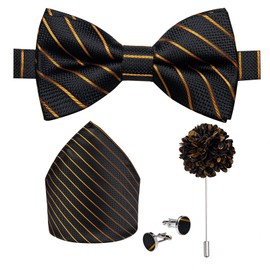 DiBanGu Black Gold Bow Ties for Men Silk Adjustable Pretied Bow Tie and Pocket Square Cufflinks Set with Lapel Pin Striped Jacquard Formal Wedding