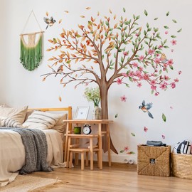 Runtoo Large Tree Wall Decals Peel and Stick 4 Seasons Leaves Bird Wall Art Stickers for Nursery Classroom Living Room Bedroom Decor