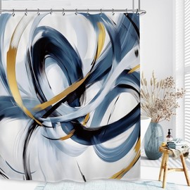 Kalmico Abstract Navy Blue Shower Curtain 60Wx72L Inch Modern Neutral Minimalist Contemporary Art Bathroom Set Accessories Decor with 12 Pack Hooks